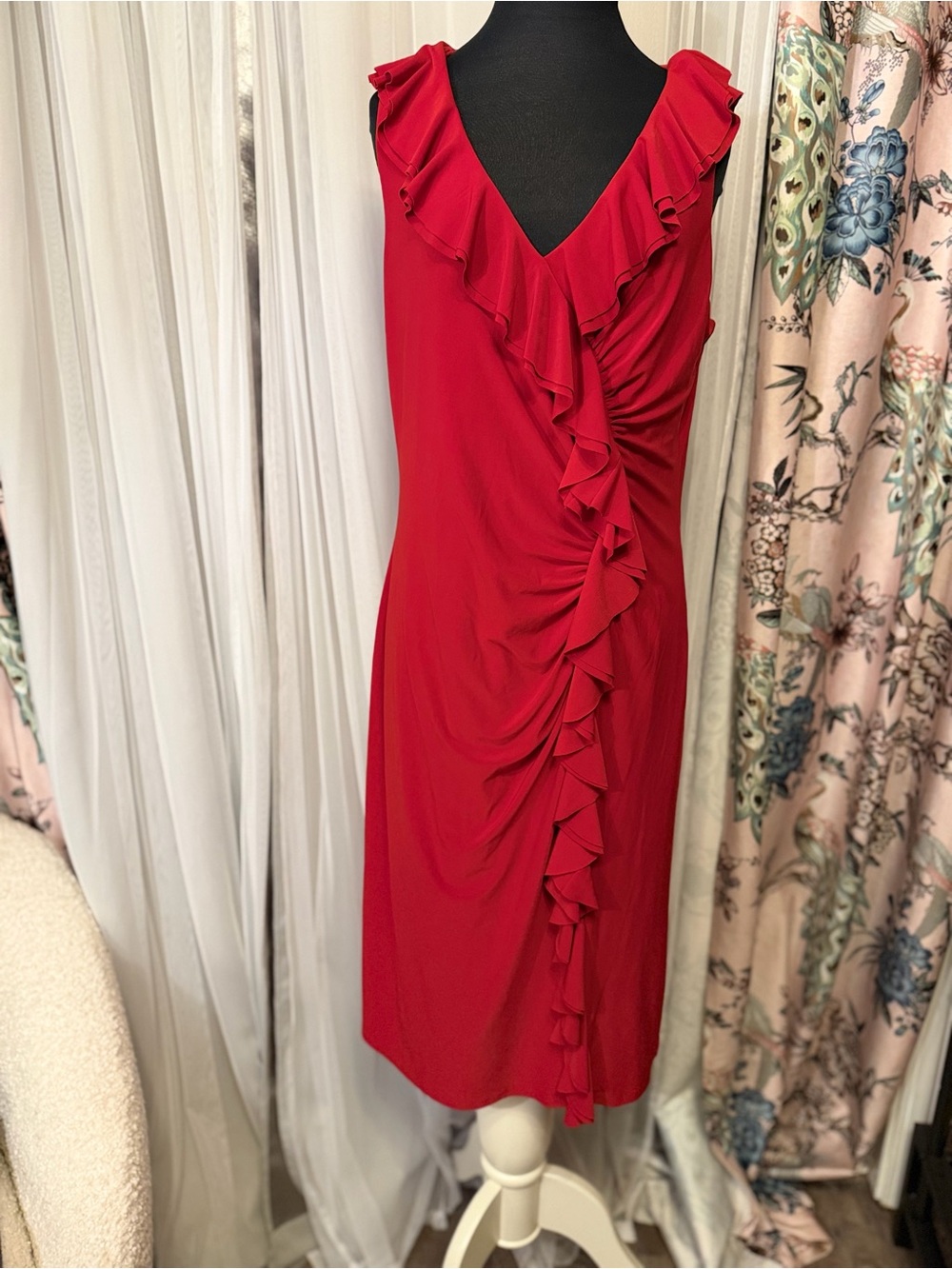 Lauren Ralph Lauren Red Ruffle Ruched Cocktail Dress Size 14